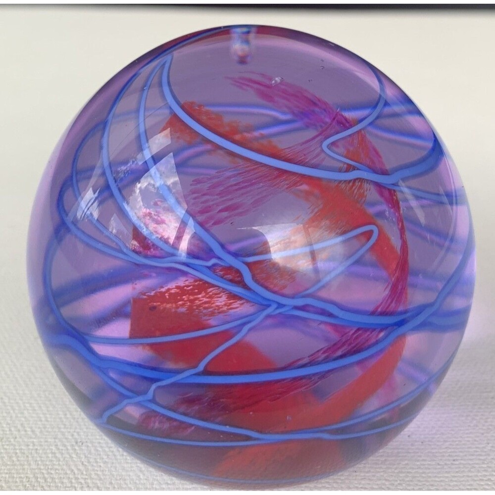 Caithness Vibrance Scotland Streamers Glass Paperweight Blue and Red Orange